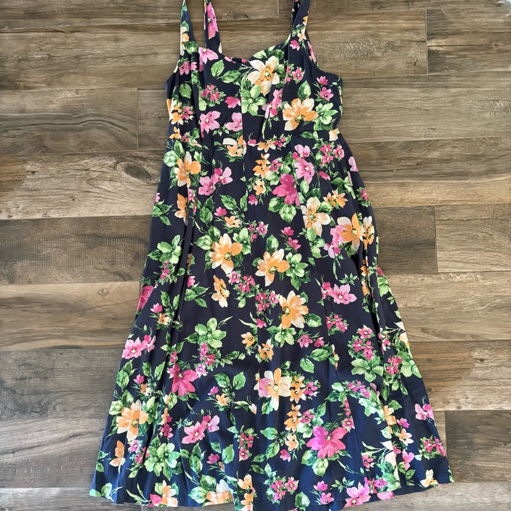 Old Navy Navy Blue with Pink/yellow Floral Linen blend dress, Size L